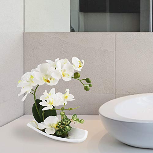 (Milk White) - Dynabit Artificial Orchid Flower Arrangements with White Porcelain Vase, Artificial Bonsai Centrepiece Decoration, Plastic Flowers, Realistic & Lifelike (Milk White)