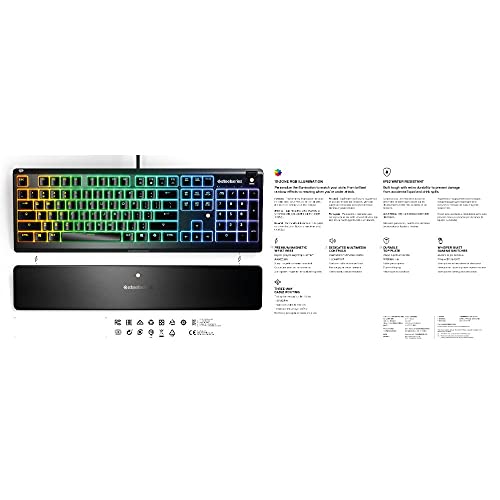 SteelSeries Apex 3 Whisper Quiet IP32 Water & Dust-Resistant Gaming Keyboard - Prism 10-Zone RGB Illumination - Premium Magnetic Wrist Rest