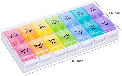 AM PM Weekly 7 Day Pill Organizer, KAPASKI Large Daily Pill Cases Pill Box with Easy Push Button Design for Pills/Vitamin/Fish Oil/Supplements (Rainbow)