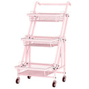 (Pink)3 Tier Trolley Cart Foldable Home Storage Rack with Brake Wheels|Removable Spice Rack Kitchen Organizer with Handle Pantry Organizer Mesh Shelf. Kids' Room Coffee Bar Bedroom Accessories