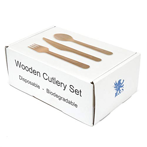 H&S 150pcs Wooden Cutlery Set Disposable Biodegradable Wood Eco Friendly for Party - 50 Forks, 50 Knives, 50 Spoons