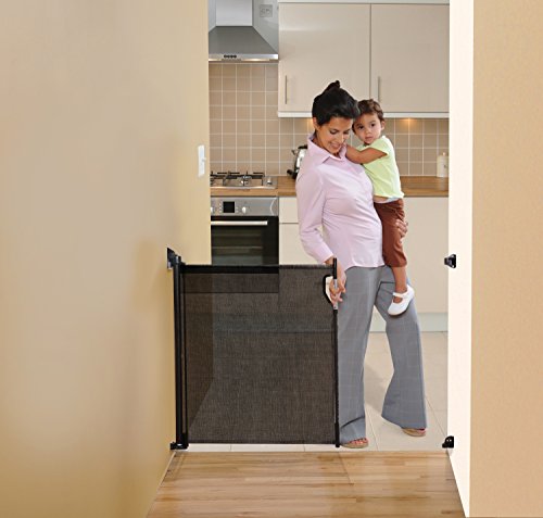 Dreambaby Retractable Baby Safety Gate - Extra Wide & Tall Mesh Gate - Fits up to 55" (140cm) Wide & 36.6" (93cm) Tall - with 2 Sets of Mounting Brackets (Included) - Black - Model F943