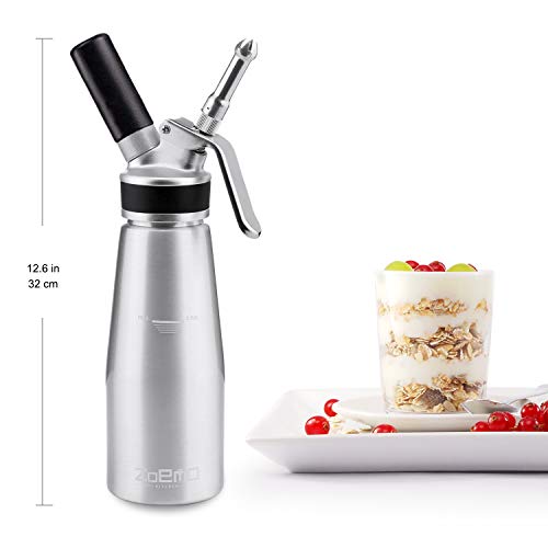 ZOEMO Profesional Whipped Cream Dispenser - Ugraded Full Metal Cream Whipper Canister, w/Durable Metal Body & Head with 3 Stainless Steel Decorating Tips (Professional Silver 500 ML)