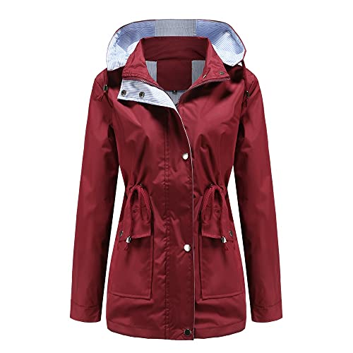 Women's Raincoats Waterproof Rain Jacket Lightweight Outdoor Windbreaker Hooded Trench Coats (Color : Red, Size : Large)