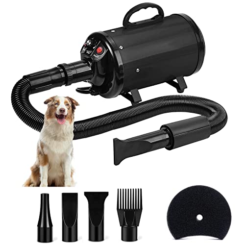 Dog Dryer High Velocity Professional Pet Dog Blow Dryer 2800W - Dog Hair Grooming Dryer with Heater, Stepless Adjustable Speed, 4 Different Nozzles (Black)