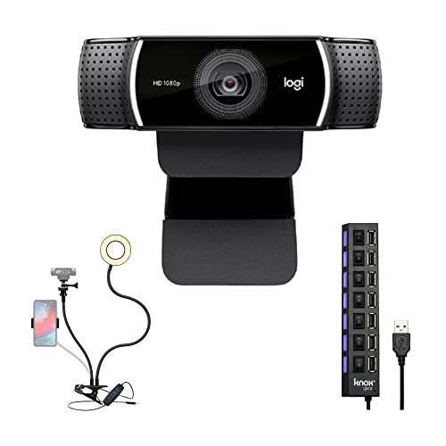 Logitech C922 Pro Stream 1080p Webcam Bundle with Ring Light and USB Hub (3 Items)