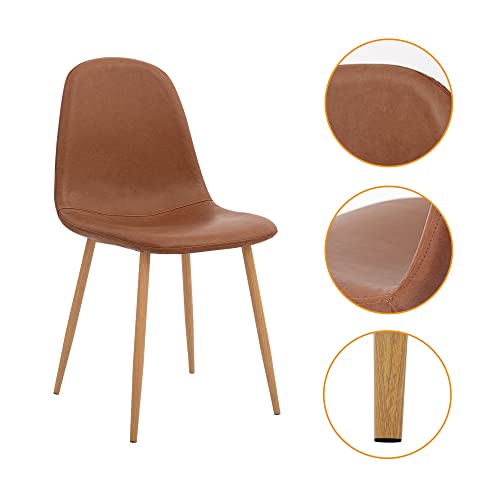 CangLong Washable PU Cushion Seat Back, Mid Century Metal Legs for Kitchen Dining Room Side Chair, Set of 2, Brown