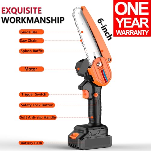 DanYee Mini Chainsaw 6 Inch 【1 Year Warranty】 Cordless Electric Handheld Chainsaw 21v Portable Battery Powered Chain Saws with Safety Lock, (2 batteries and 2 chains 0.7kg) (6 Inch Mini Chainsaw)
