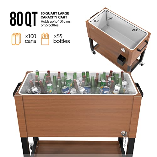 VINGLI 80 Quart Rolling Ice Chest on Wheels, Patio Cooler Cart with Waterproof Cooler Cart Cover, Beverage Rolling Cooler for Outdoor Patio Deck Party (Brown)