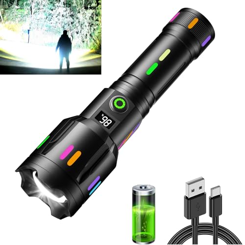 【Led Torch with Fluorescent Strong Lighting】30000 High Lumens Fast Charging Flashlight with Power Display,6 Lighting Modes IPX67 Waterproof Torches, Zoomable Long Shot Flash Light for Hiking,Camping