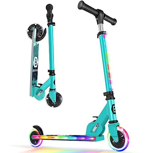 BELEEV Scooters for Kids Ages 3-12 with Light-Up Wheels & Stem & Deck, 2 Wheel Folding Scooter for Girls Boys, 3 Adjustable Height, Non-Slip Pattern Deck, Lightweight Kick Scooter for Children