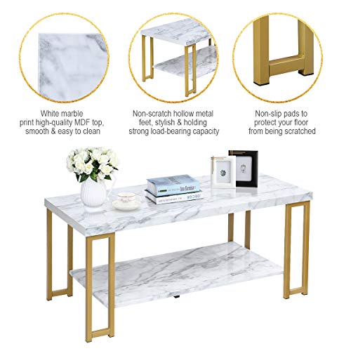 Giantex Marble Print Coffee Table, Accent Rectangular Cocktail Table, 2-Tier Tea Table w/MDF Top & Gold Print Metal Frame, Water Resistant Version, Desk Beside Sofa, End Table w/Hollow Metal Legs