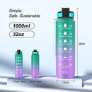 Motivational Water Bottle with Straw and Time Marker, Leakproof Tritan BPA-Free Water Jugs for Drinking, Large Capacity Water Jug with Handle for Fitness, Gym,Daily and Outdoor sports, 1L GreenPurple