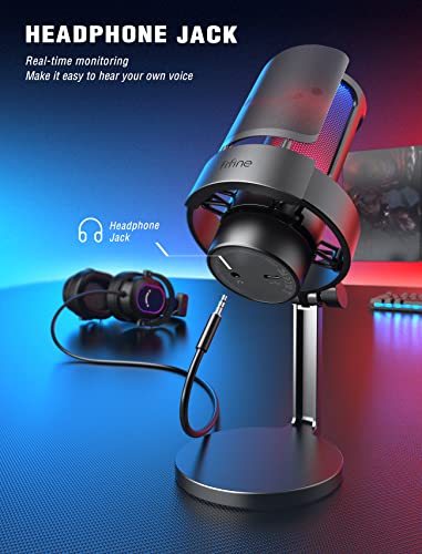 Gaming PC Microphone, Fifine AmpliGame USB Desktop Condenser RGB Control Mic for Recording Streaming Podcast YouTube on Mac/Computer/PS4/PS5, with Mute Button, Mic Gain, Headphone Jack, Monitoring-A8