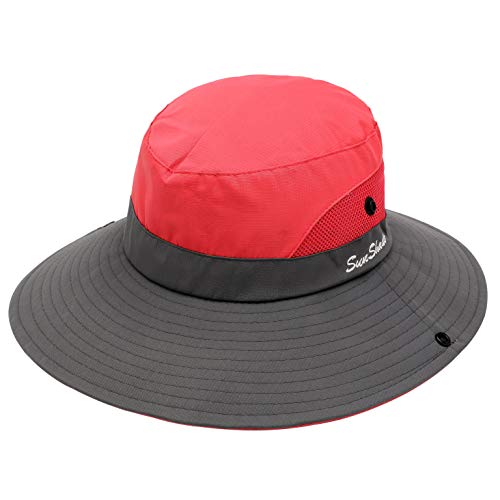 Women Outdoor Summer Sun Hat UV Protection Wide Brim Foldable Safari Fishing Cap - Red - One Size