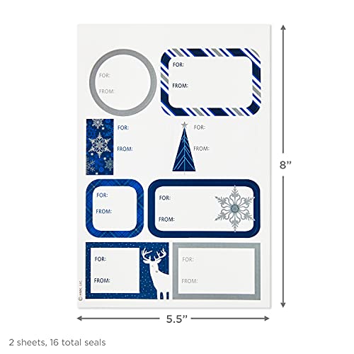 Hallmark Flat Christmas Wrapping Paper Sheets with Cutlines on Reverse and Gift Tag Seals (12 Folded Sheets, 16 Gift Tag Stickers) Blue and Silver Snowflakes, Deer Forest Scene, Blue Tartan Plaid
