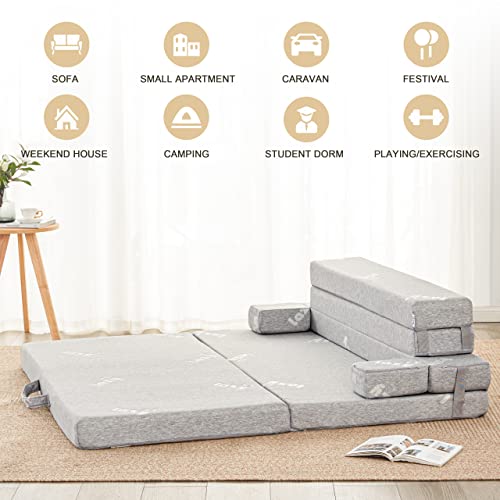 Lazyzizi Sleep 4 Inch Foldable Mattress, Portable Floor Mattress Couch with Headrest, Washable Cover, Foldable Foam Couch Queen for Guest Bed, Folding Sofa Bed, Camping, Road Trip， Light Grey