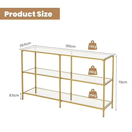 Giantex 3-Tier Glass Console Table, Narrow Long Sofa Side Table with Tempered Glass Shelves & Gold Steel Frame, Modern Rectangular Couch Table, Compact Entryway Table for Hallway, Foyer, Living Room