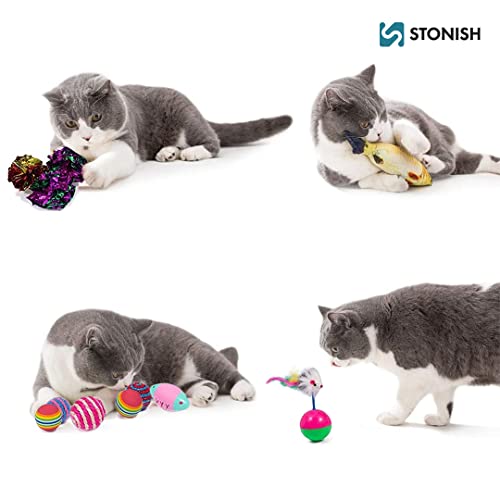 STONISH 29 Pcs Cat Toys Kitten Toys Assorted, Variety Catnip Toy Set Including 2 Way Tunnel, Feather And Teaser, Fish, Cotton And Feather Mice, Rugby Toy, Tumbler And Suction Cup Mouse Toy, Storage Bag