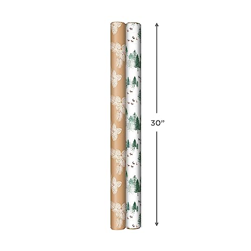 Hallmark Kraft Recyclable Christmas Wrapping Paper with Cut Lines (2 Rolls: 150 Sq. Ft. Ttl) Green Trees on White, White Pine Cones on Brown Kraft for Holidays, Hanukkah, Winter Solstice, Weddings, 0005JXW1203