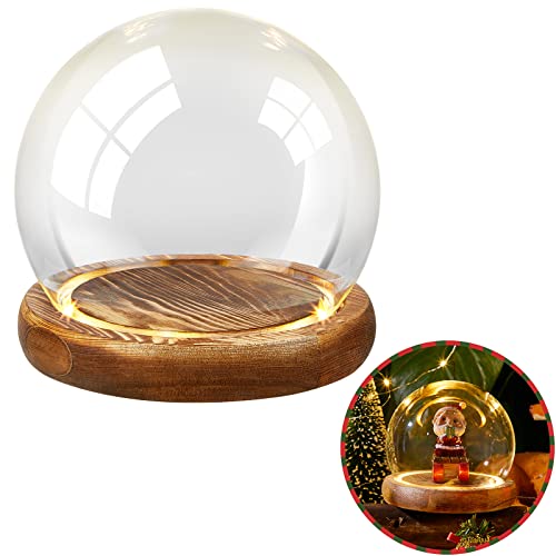 Christmas DIY Clear Glasses 5 Inch Terrarium Clear Craft Snow Globes Keepsake Display Globe with Light Wood Base for Xmas DIY Crafts Birthday Holiday Office Halloween Home Decor (1 Piece,Brown)