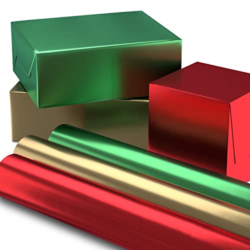 Hallmark Foil Christmas Paper with Cut Lines on Reverse (3 Rolls: 60 sq ft TTL) Gift Wrap, Tri-Pack, Red, Green, Gold Solid
