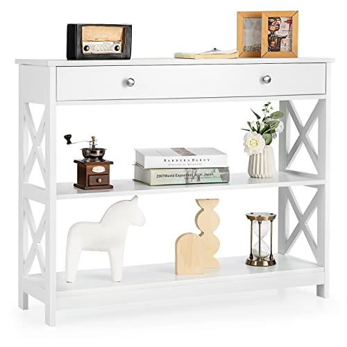 Giantex 3-Tier Console Table, Sofa Table with 1 Drawer and 2 Storage Shelves, Entryway Table with X-Design for Hallway, Living Room and Entryway, White