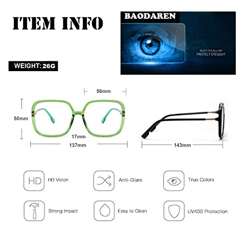 BAODAREN Blue Light Blocking Glasses Oversized Square Frame Women/Men Anti Eyestrain Computer Eyeglasses L3000A (Transparent Light Green)