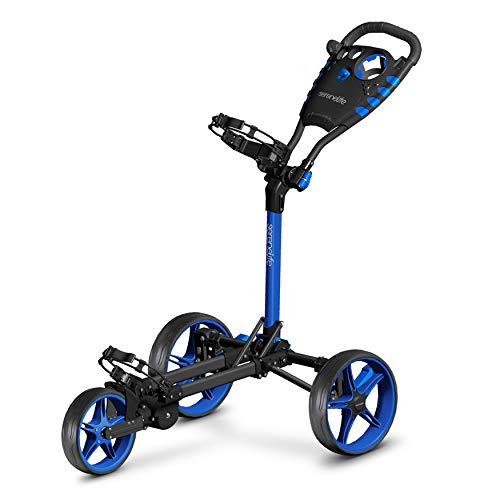 3 Wheel Golf Push Cart - Lightweight Folding Golf Walking Push Cart Roller Golf Bag Holder w/Upper/Lower Bracket w/Elastic Strap, Scorecard Storage Compartment - SereneLife SLGCFLW