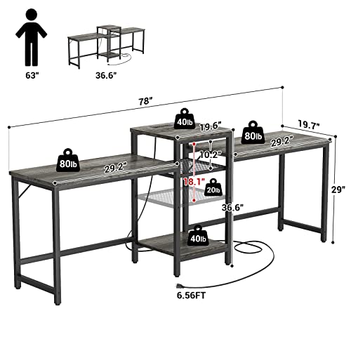 Unikito Two Person Desk, Home Office Desk with Power Outlet and Printer Stand, Double Computer Desk with Open Storage Shelf, Double Gaming Computer Desk, Extra Long Table, Writing Study Desk, Gray Oak