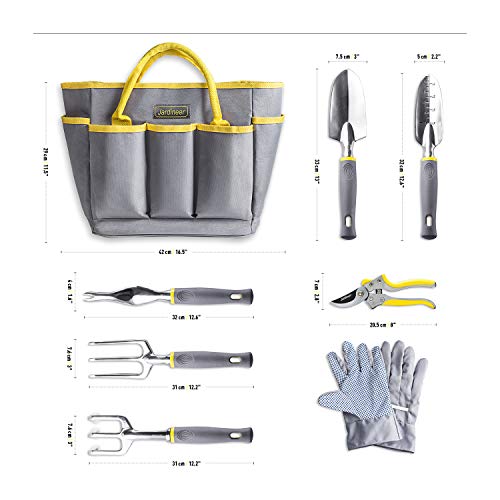 Jardineer Garden Tools Set, 8PCS Heavy Duty Garden Tool Kit with Outdoor Hand Tools, Garden Gloves and Storage Tote Bag, Gardening Tools Gifts for Women and Men