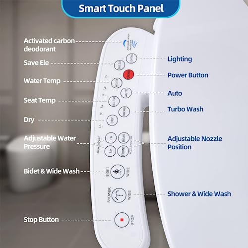 Electric Bidet Seat Toilet Seat, Smart Toilet Seat with Warm Water, Heated Seat, Warm Air Dryer, Rear and Front Wash, Soft Closed Toilet Seat, LED Light, Easy Install