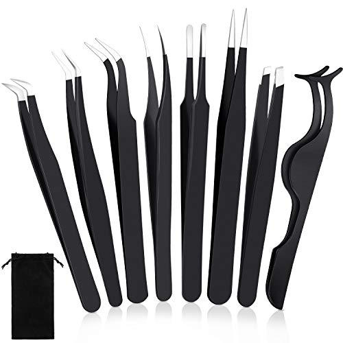 8 Pieces Eyelash Extension Tweezers Set Straight and Curved Tip False Lash Tweezers Eyelash Applicator Tool Stainless Steel Precision Tweezers for Eyelash Extension with Velvet Bag (Black)