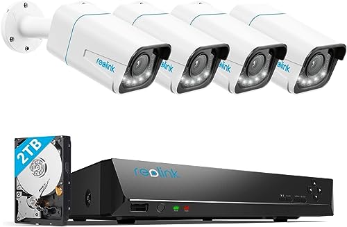 Reolink 8CH 4K Security Camera System H.265, 4pcs 8MP Person/Vehicle Detection Spotlights PoE IP Cameras, 5X Optical Zoom, 8MP 8-Channel NVR with 2TB HDD for 24/7 Recording RLK8-811B4-A