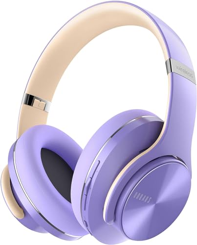 DOQAUS Bluetooth Headphones Over Ear, 52 Hours Playtime Wireless Headphones with 3 EQ Modes, Noise Isolating HiFi Stereo Headphones with Deep Bass, Microphone, Soft Earpads for Cellphone/PC (Purple)