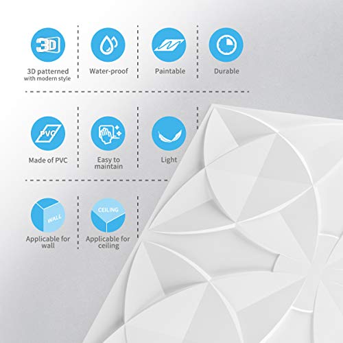 Art3d PVC Drop Ceiling Tiles, Easy Glue-up Panels for Ceiling, Wall Decoration, 60x60 CM, 12 Pcs, White Floral