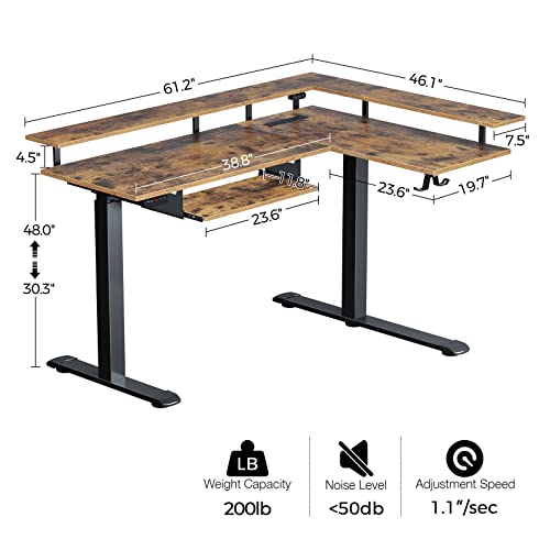 Rolanstar L Shaped Standing Desk with LED Light and Power Outlet, Dual Motor Height Adjustable Electric Standing Desk with Monitor Stand & Keyboard Tray, 61.2" Sit Stand Desk Rustic Brown