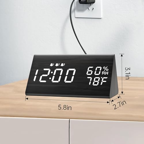 Alarm Clock, Digital Alarm Clock, LED Clock for Bedroom, Electronic Desktop Clock with Humidity & Temperature Display, Adjustable Brightness, 12/24H Display for Home, Bedroom, Bedside, Office