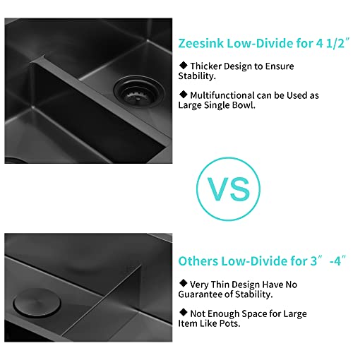 Zeesink Black Kitchen Sink 32" X 18",Double Bowl Kitchen Sink,Low Divide Undermount Kitchen Sink,Black Undermount Double Sink,50/50 Double Bowl 16 Gauge Stainless Steel Kitchen Sink