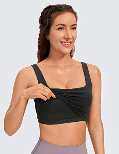 CRZ YOGA Butterluxe Womens Square Neck Longline Sports Bra - Workout Crop  Tank Tops Padded with Built in Shelf Yoga Bra Black Large
