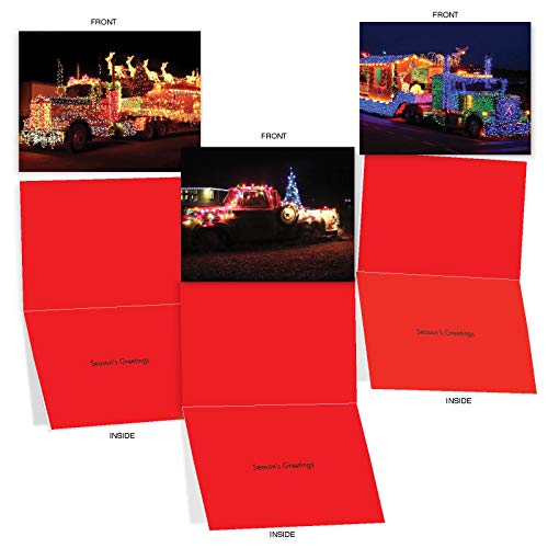 10 Assorted 'All Trucked Up' Christmas Cards with Envelopes 4 x 5.12 inch, Photos of Trucks Strung with Lit Christmas Lights, Boxed Season's Greetings Cards for Fathers, Coworkers, Business M2282