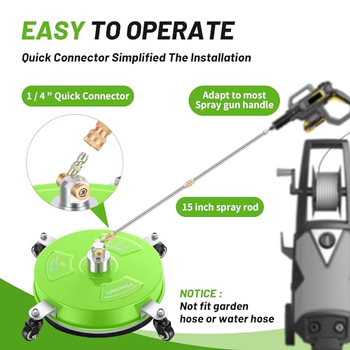 14" Pressure Washer Surface Cleaner with 4 Wheels - Coated Green Stainless Steel Surface Cleaner for Pressure Washer Attachment for Concrete, Patio, Sidewalk, Deck and Driveways - PWS14G