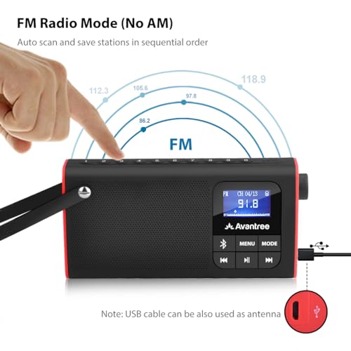 Avantree SP850 Rechargeable Portable FM Radio with Bluetooth Speaker and SD Card MP3 Player 3-in-1, Auto Scan Save, LED Display, Small Handheld Pocket Battery Operated Wireless Radio (No AM)