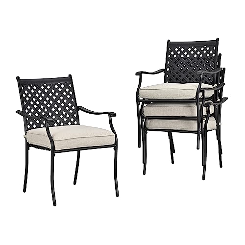 LOKATSE HOME 4 Piece Outdoor Patio Metal Wrought Iron Dining Chair Set with Arms and Seat Cushions - Beige