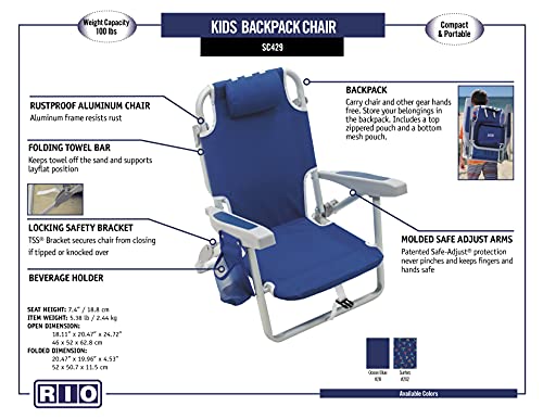Rio Beach Kid's 5-Position Lay Flat Backpack Folding Beach Chair, Surf Power Surfer
