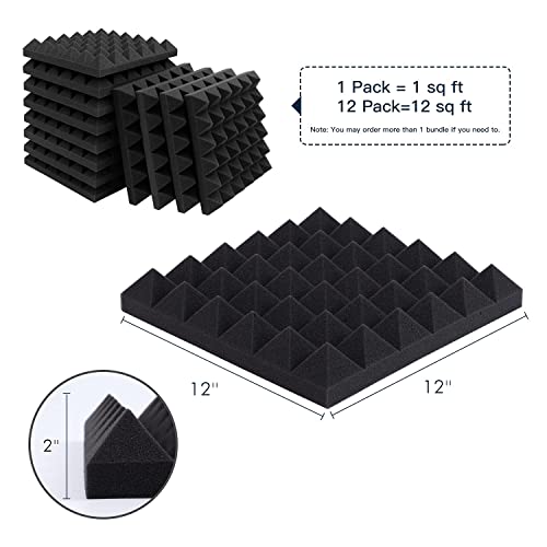 Hertber-24 Pack Acoustic Panels Sound Proof Foam 12 x 12 x 2 Inches Acoustic Foam Pyramid Black Sound Panels For Wall Sound Absorbing