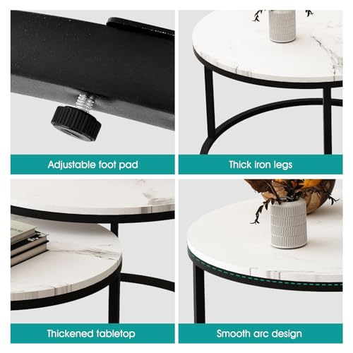 Luxsuite Round Nesting Coffee Table Set of 2 Bedside Stacking Faux Marble Look Accent Tables Soft Side Table Set with Drawer Living Room Furniture White