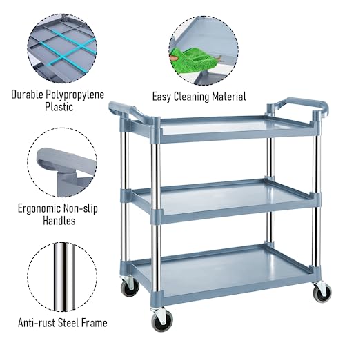 3 Tier Utility Service Cart Restaurant Rolling Cart Kitchen Push Cart Food Serving Trolley Cart with Wheels, Large Shelf Storage Trolley Heavy Duty Catering Cart for Bar Salon Warehouse Office