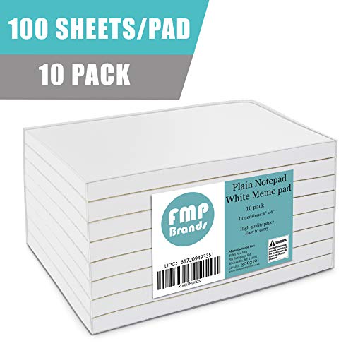 100 Sheets Plain Notepad - 4 x 6" White Blank Memo pad, Scratch Pad for Restaurant Server, Concession Stand, School and Office Supplies 4" x 6" White