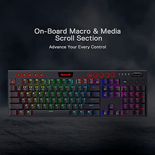 Redragon K618 Horus Wireless RGB Mechanical Keyboard, Bluetooth/2.4Ghz/Wired Tri-Mode Ultra-Thin Low Profile Gaming Keyboard w/No-Lag Cordless Connection, Dedicated Media Control & Linear Red Switch